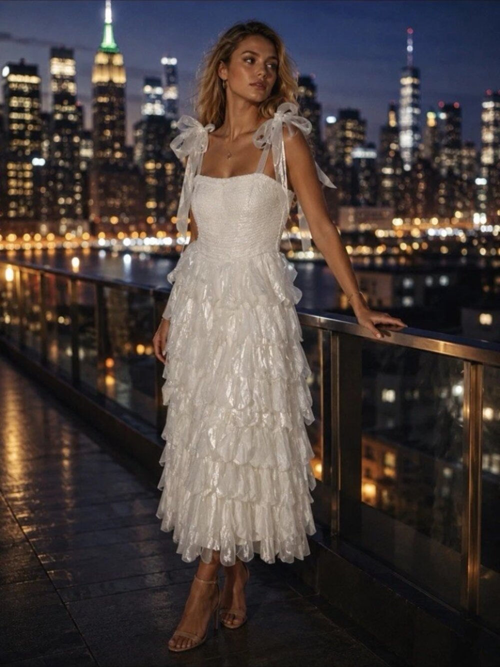 Just Me White Sleeveless Ruffle Tiered Midi Tank Dress S